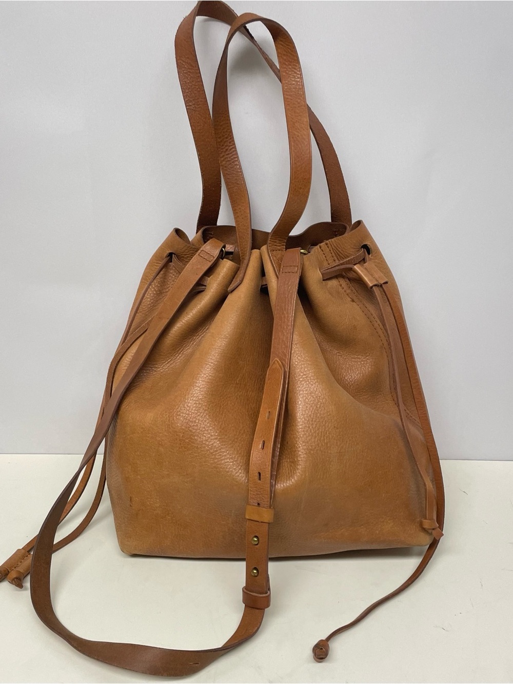 Madewell Cognac Genuine Leather Drawstring Bucket Hobo Bag